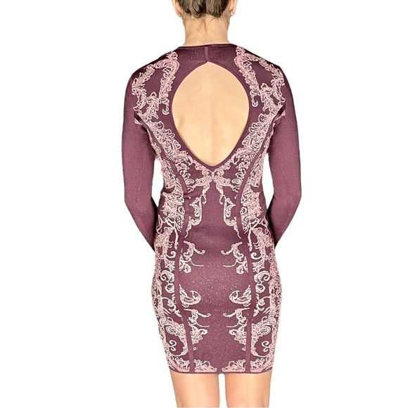 WOW WORLD OF WOMEN FLORAL METALLIC CHERRY CUTOUT LONG SLEEVE BODYCON DRESS - Picture 5 of 16